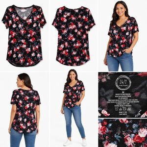 Maurices 24/7 Floral Print Black Short Sleeve V-Neck Tee Size L